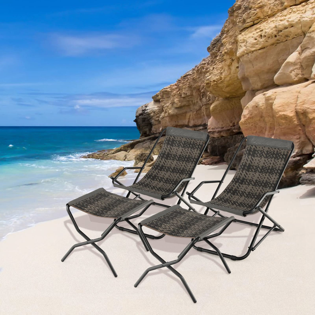 Outdoor PE Wicker Folding Sling Chair with Armrests and Metal Frame