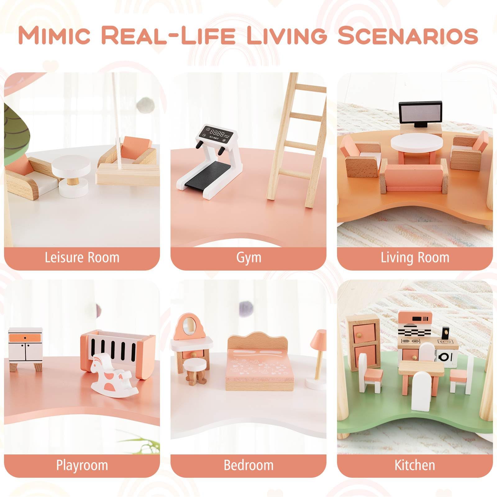 7-Room 3-Tier Doll House w/32PCS Realistic Furniture Accessories
