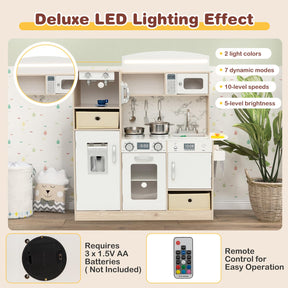 HONEY JOY Kids Play Kitchen, Wooden Pretend Kitchen Set w/Deluxe LED Lighting Effects