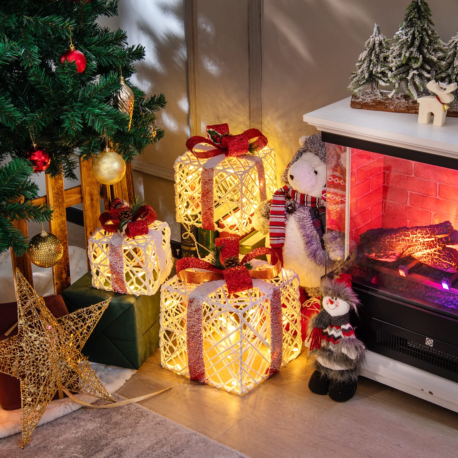 Set of 3 Gift Boxes Christmas Lighted Decoration with 6 Hours Timing Function