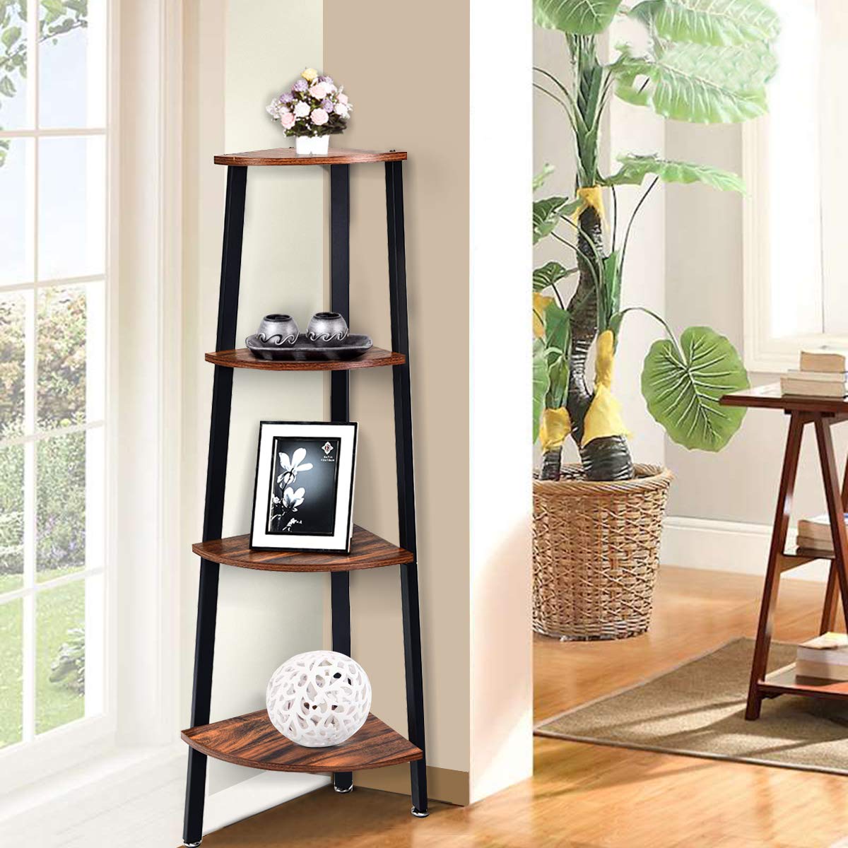 Giantex 4-Tier Corner Shelf, Lightweight Wood Look Organizer w/Metal Frame, Multipurpose Storage Shelf
