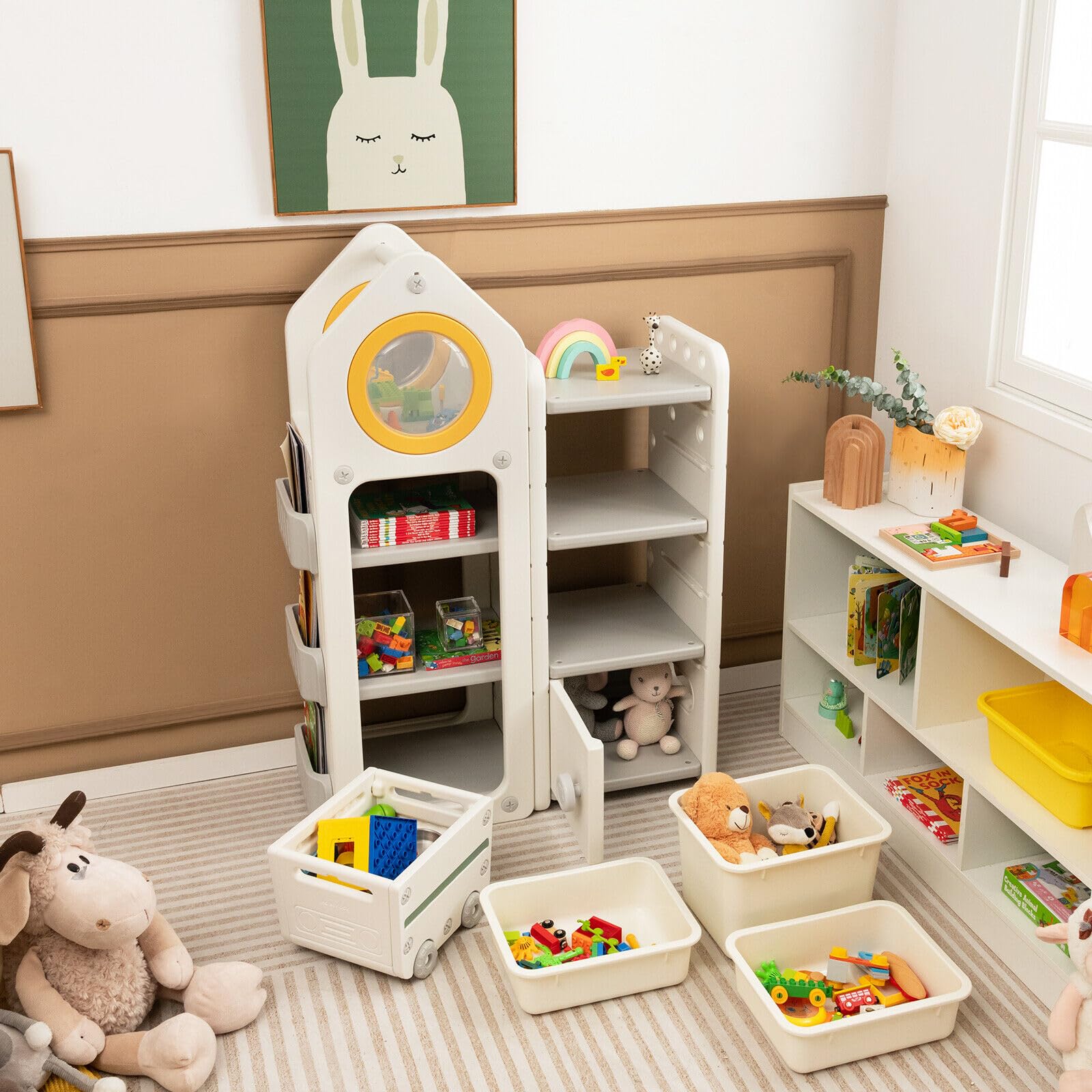 HONEY JOY Kids Toy Storage Organiser, Toy Chest and Bookshelf w/Mobile Trolley, Enclosed Cabinets & Storage Bins