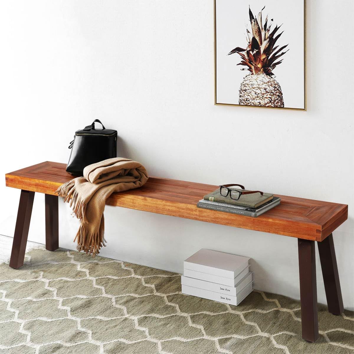 Patio Dining Wood Bench with Rustic Steel Legs