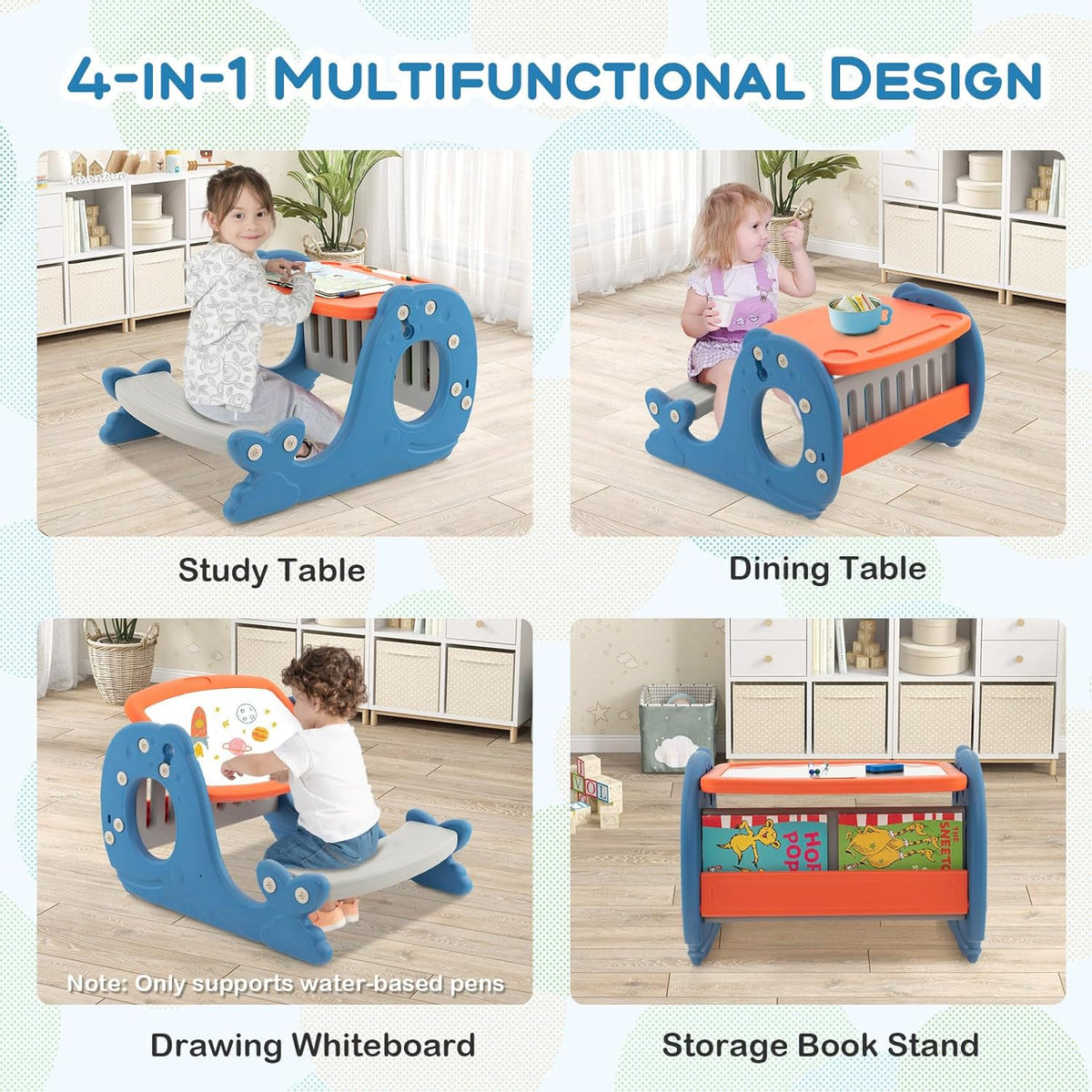HONEY JOY Convertible Kids Activity Table Set, Multi-Functional Angle-Adjustable Toddler Easel w/Erasable Whiteboard, Whale Shape