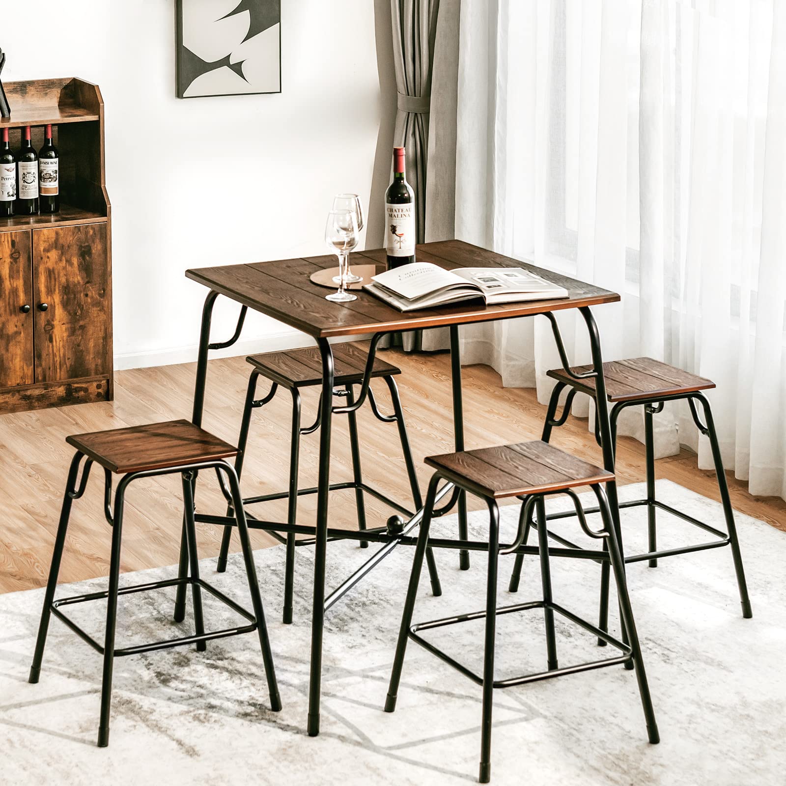 Giantex 5-Piece Bar Table Set, Vintage Counter Height Square Table w/ 4-Piece Classic Backless Stools, Rustic Brown
