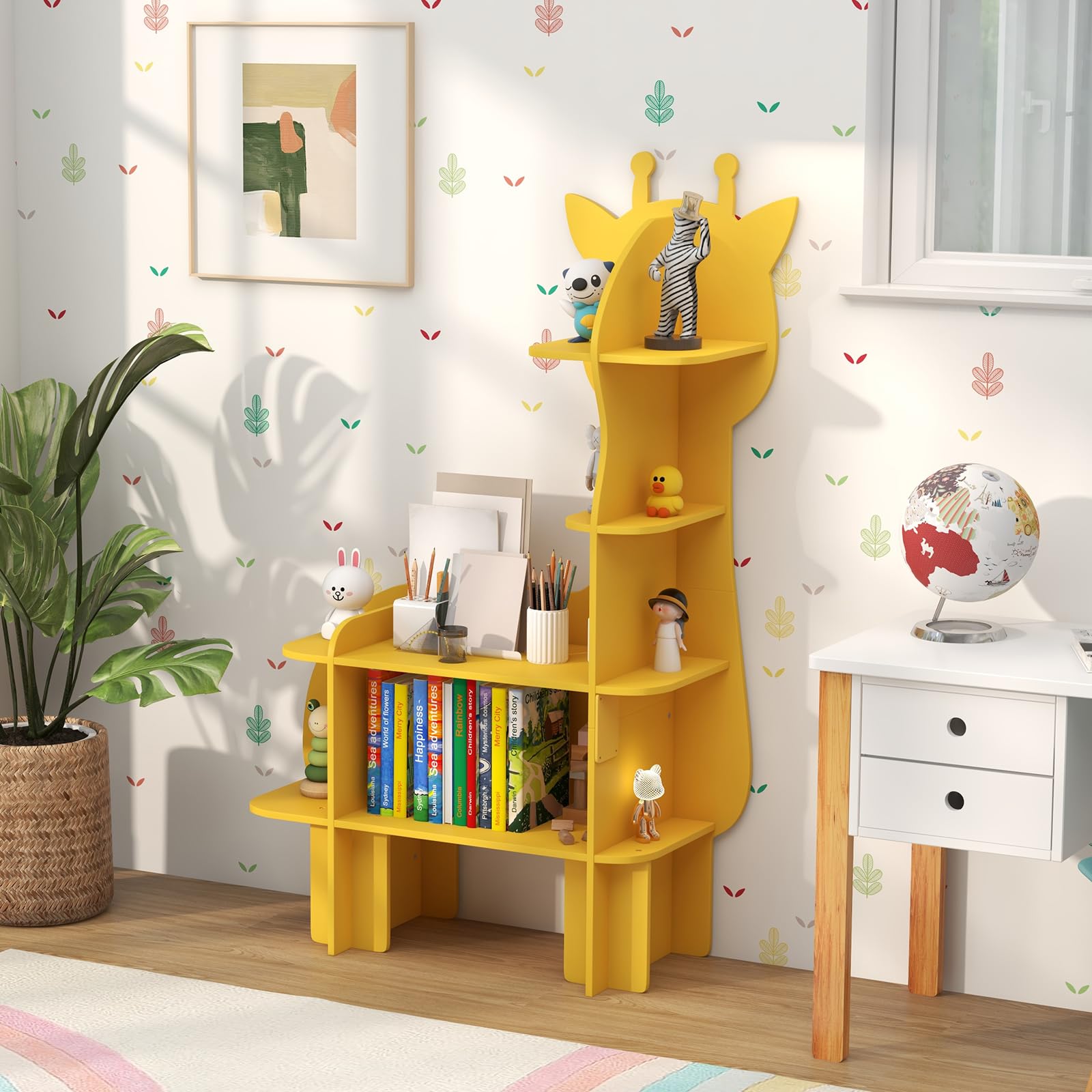 HONEY JOY Giraffe Bookcase for Kids, 4-Tier Toy Storage Organizer with Open Storage Shelves
