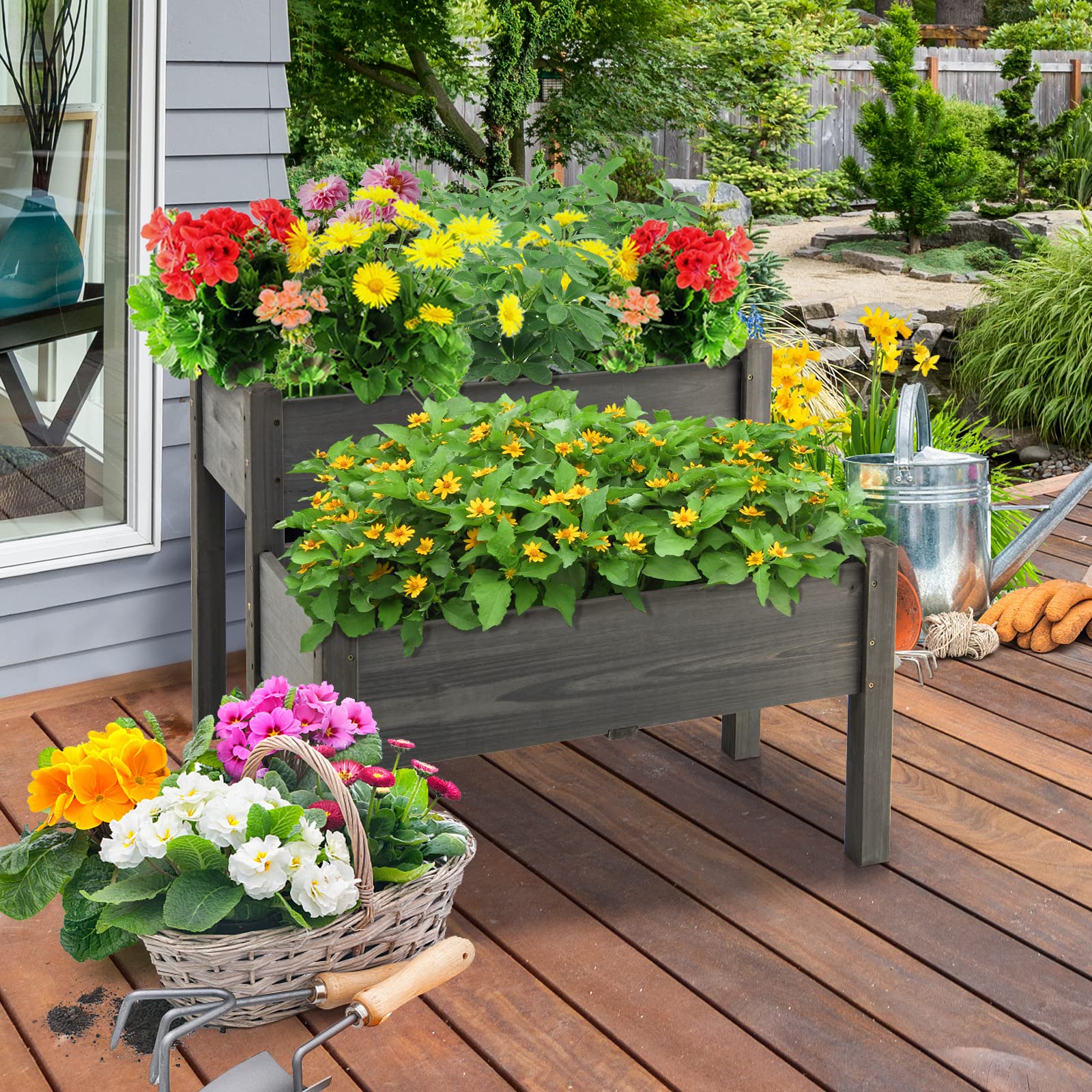 2 Tier Wooden Raised Garden Bed, Fir Wood Elevated Planter Garden Box