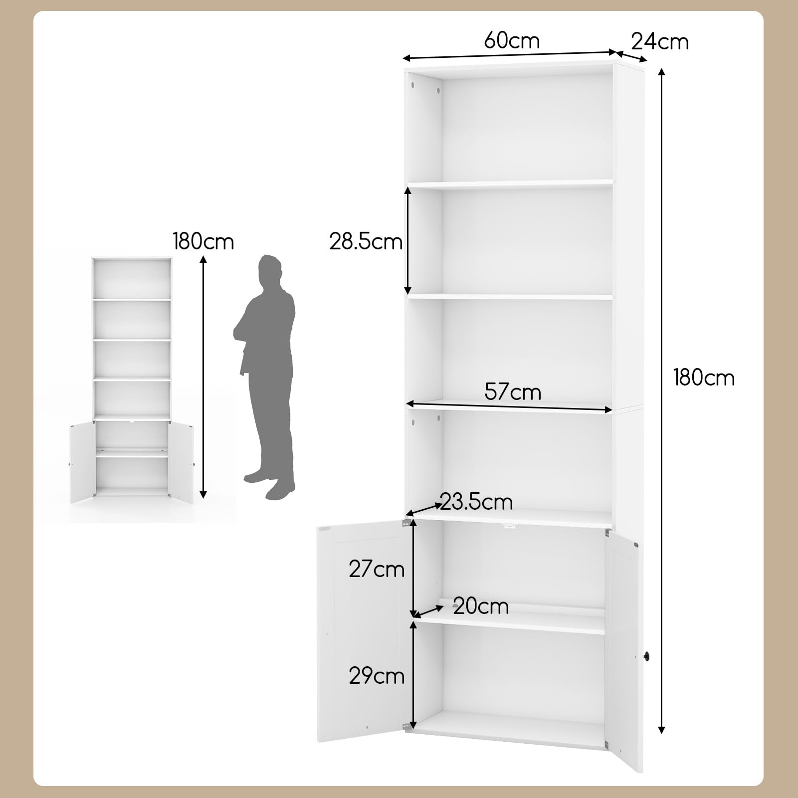 Giantex Farmhouse Bookcase with Doors, 180cm Freestanding Bookshelf with 6 Shelves & 2-Door Cabinet