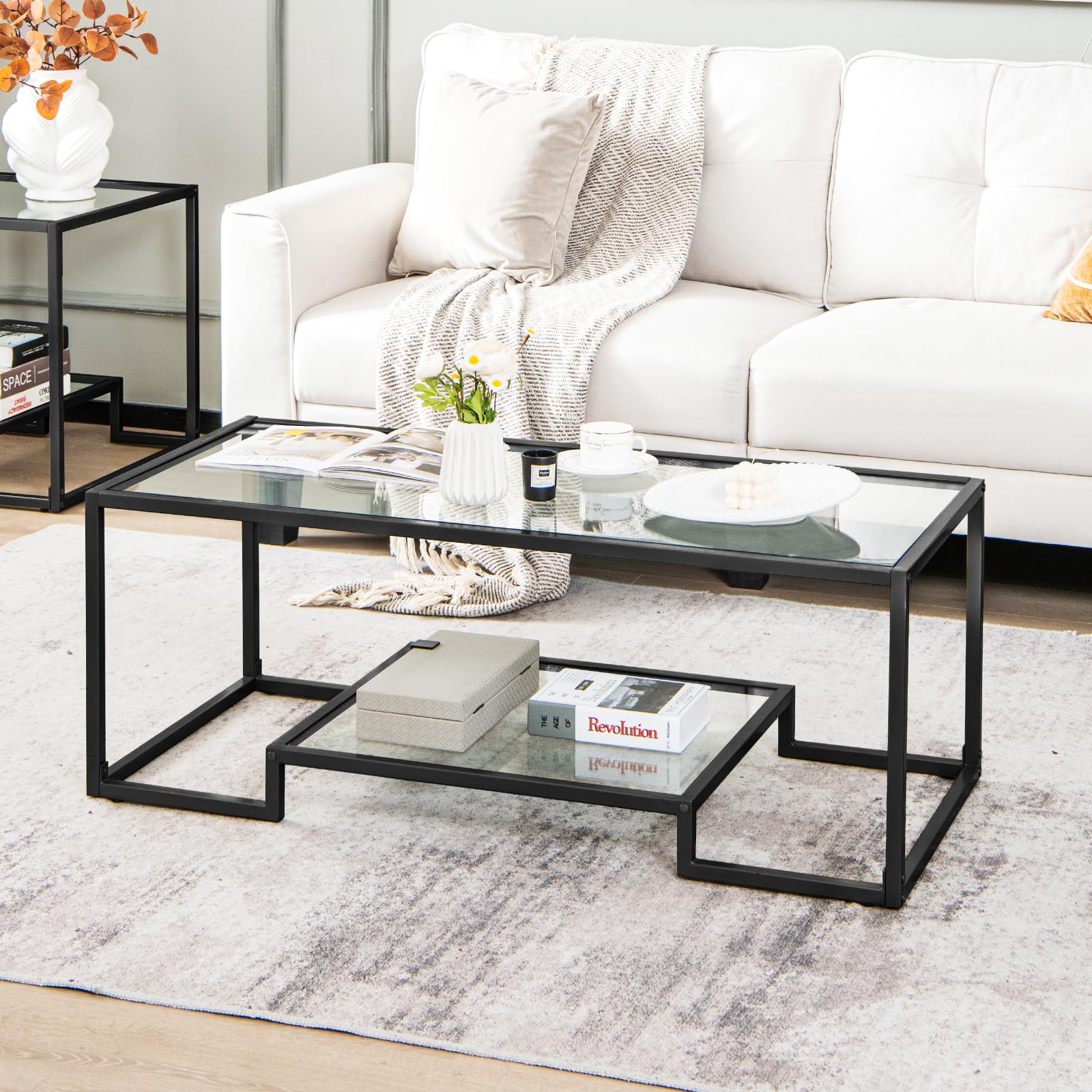 Giantex Modern 2-Tier Coffee Table, Rectangular Accent Table with Golden Metal Frame
