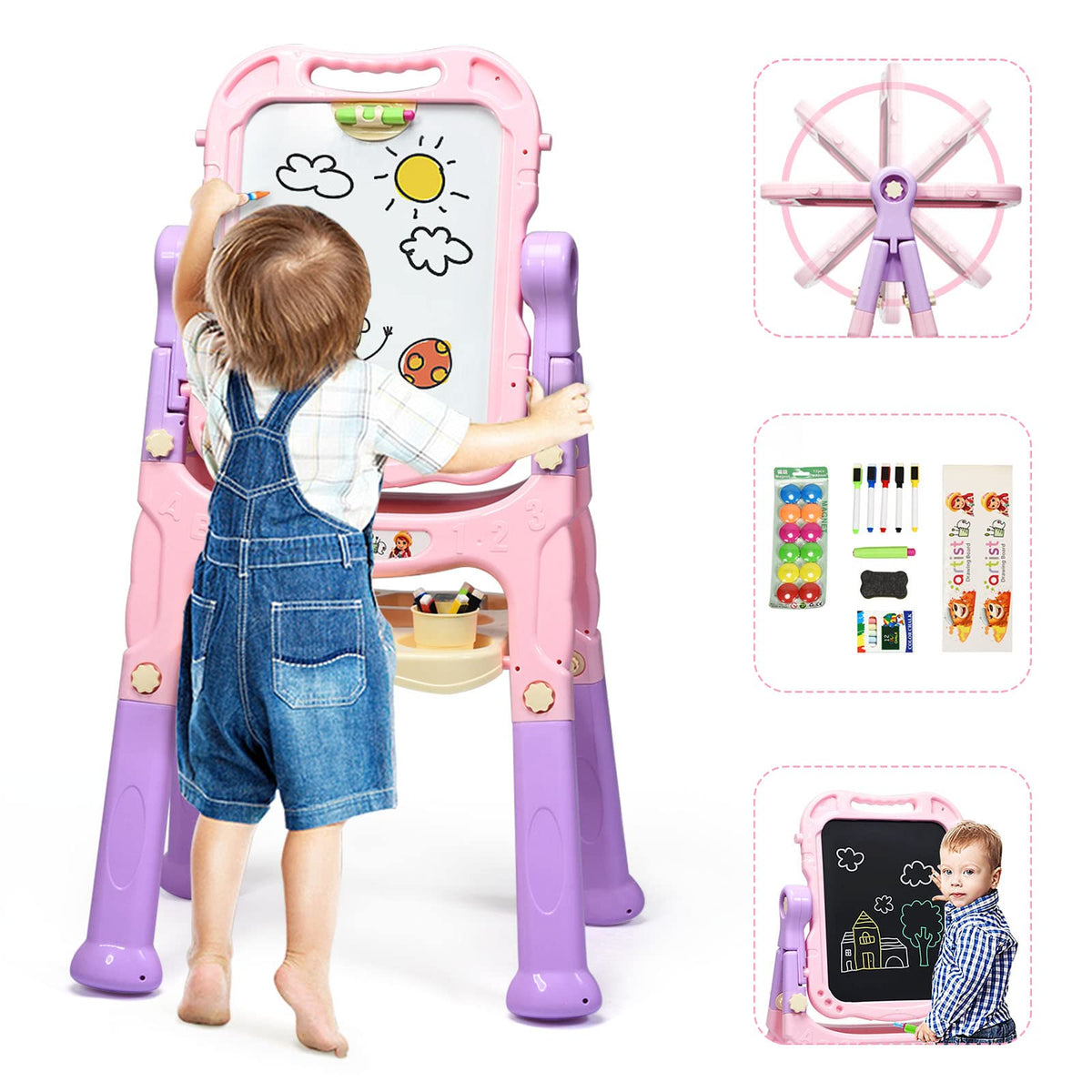 Art Easel for Kids, Height Adjustable 360° Rotate Double Sided Standing Art Drawing Board (Red)