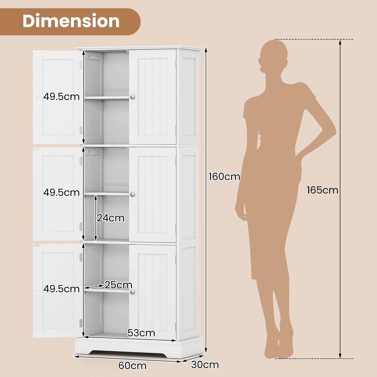 Tall Bathroom Storage Cabinet with 6 Doors, 60 x 30 x 160 CM