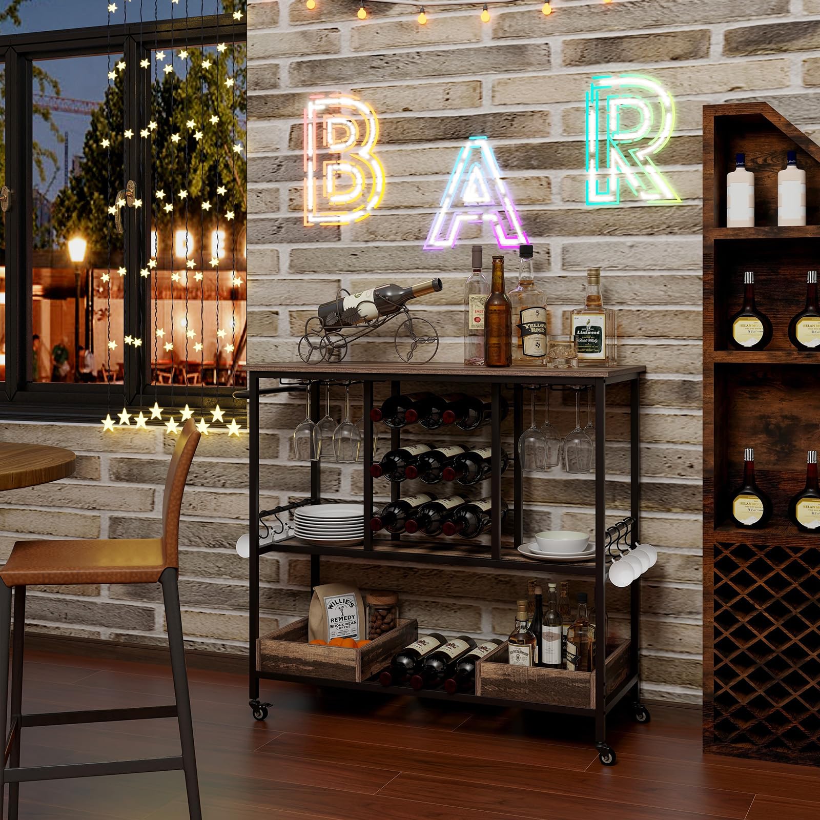 3-Tier Bar Cart Serving Cart on Wheels Industrial Rolling Beverage Cart Kitchen