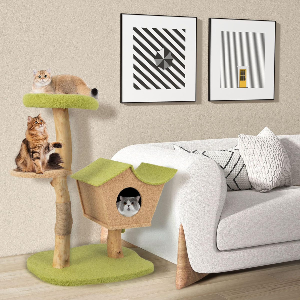 110 CM Cat Tree, Solid Wood Cat Tower with Padded Top Perch
