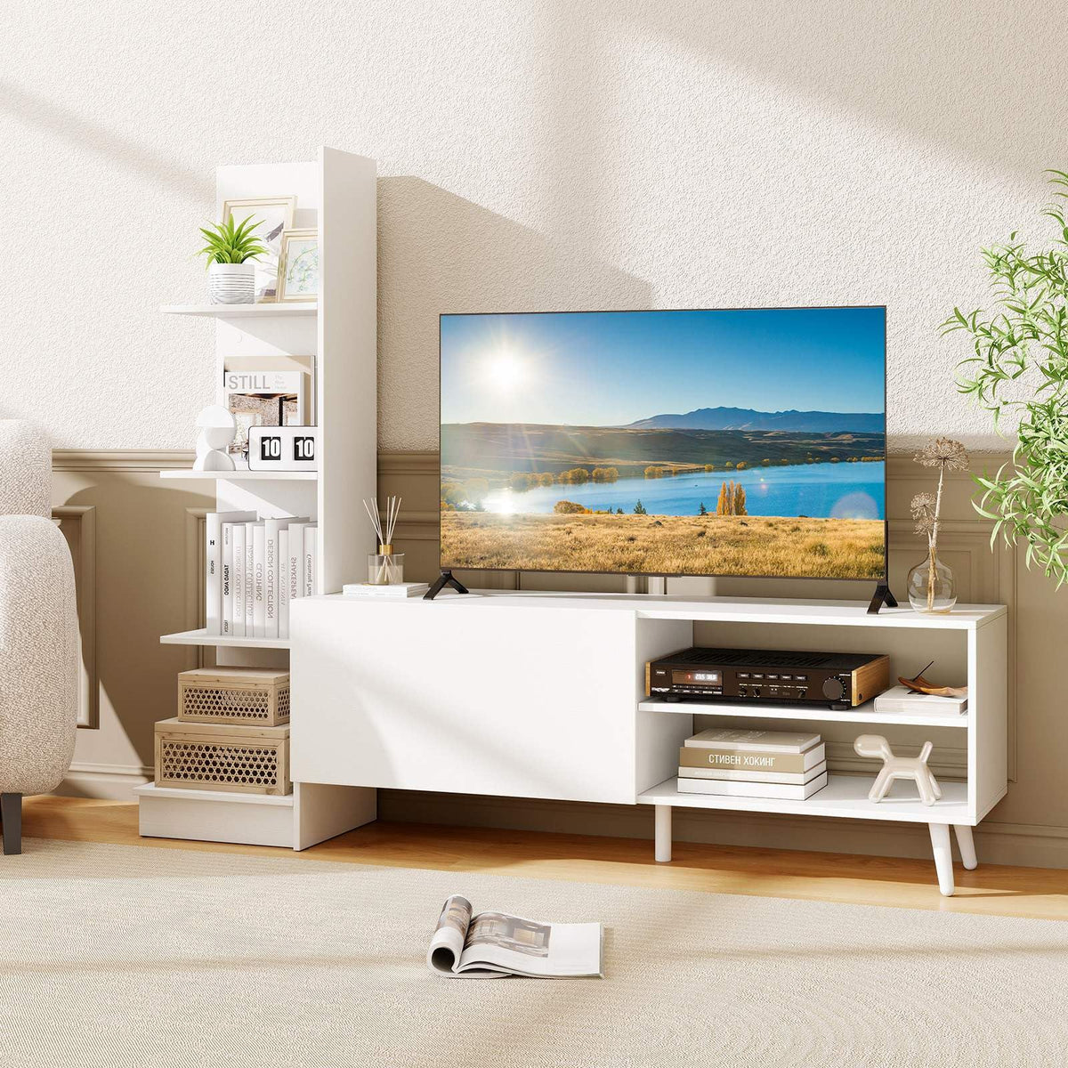 TV Stand for TVs up to 50", Modern TV Cabinet Media Entertainment Center w/Bookshelf & 3-Position Adjustable Shelf