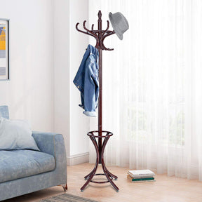 Coat Rack, Free Standing Coat Rack, Solid Wood Coat Tree w/ 12 Hooks & Umbrella Holder, Solid Wood Structure, Stable Base, Standing Rack for Hallway