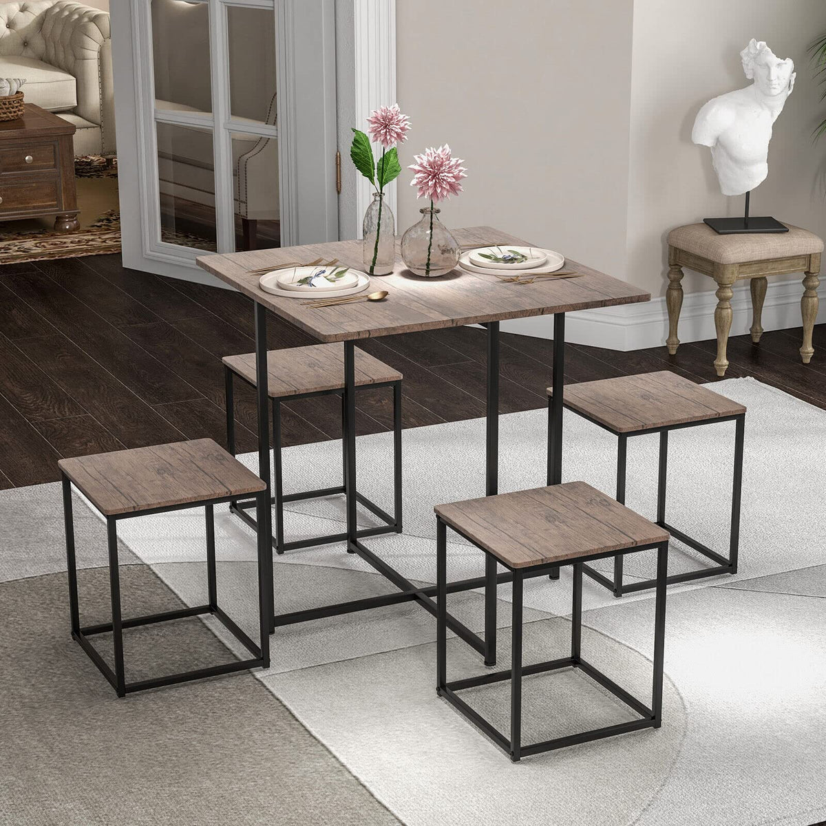 Giantex 5 Piece Dining Table and Chair Set, Industrial Kitchen Table Set with 4 Stools , Gray