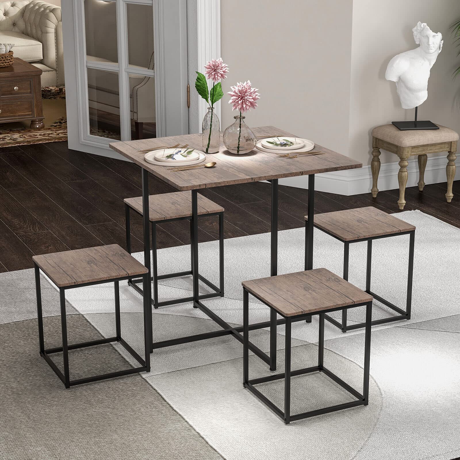 Giantex 5 Piece Dining Table and Chair Set, Industrial Kitchen Table Set with 4 Stools , Gray