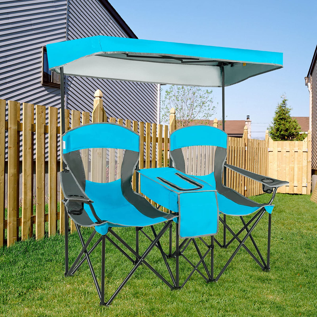 Double Folding Canopy Chair, Outdoor 2-Person Camping Seat with Adjustable Sun Shade