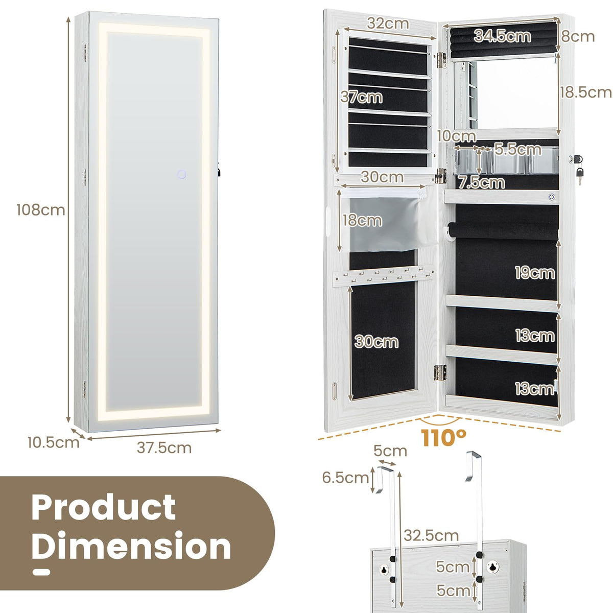 Giantex 108 cm Jewelry Mirror Cabinet, Lockable Jewelry Door & Wall Cabinet