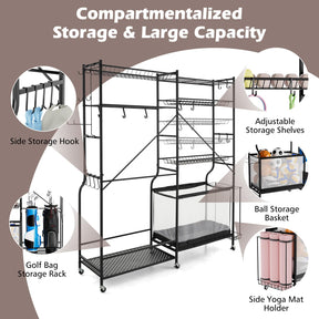 Sports Equipment Organizer for Garage, Metal Ball Storage Rack, Golf Bag Holder with Yoga Mat Holder