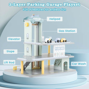 3-Tier Wooden Garage Playset, Pretend Play Parking Lot w/Working Elevator, Helipad, Ramp, Car Wash Center, Charging & Gas Station