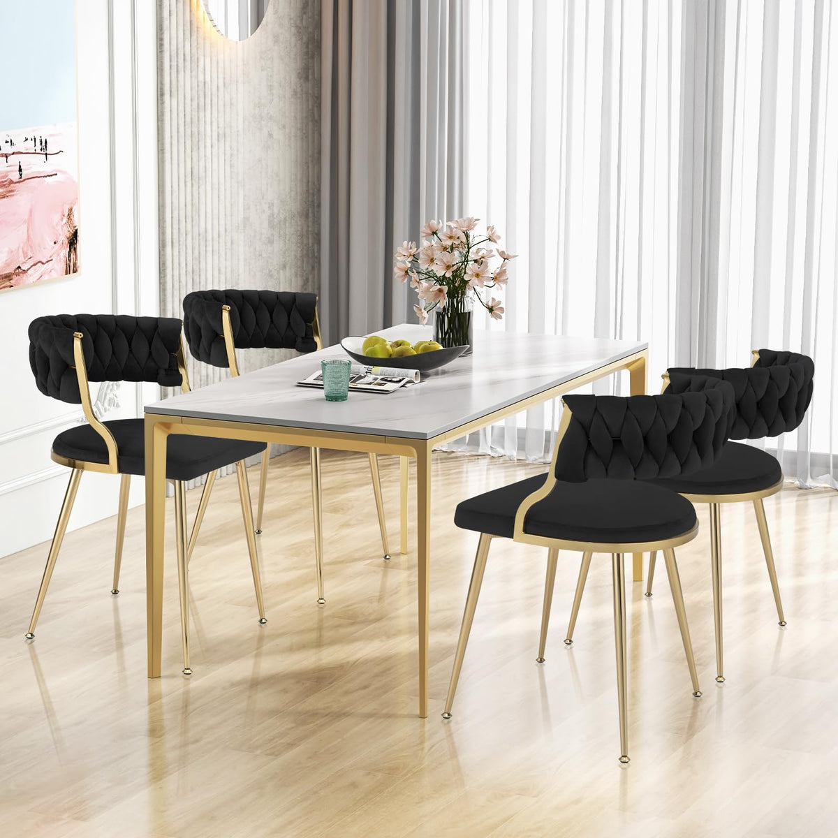 Velvet Dining Chairs Set of 2, Accent Upholstered Leisure Chairs w/ Gold Metal Legs, Sponge Filling Seats