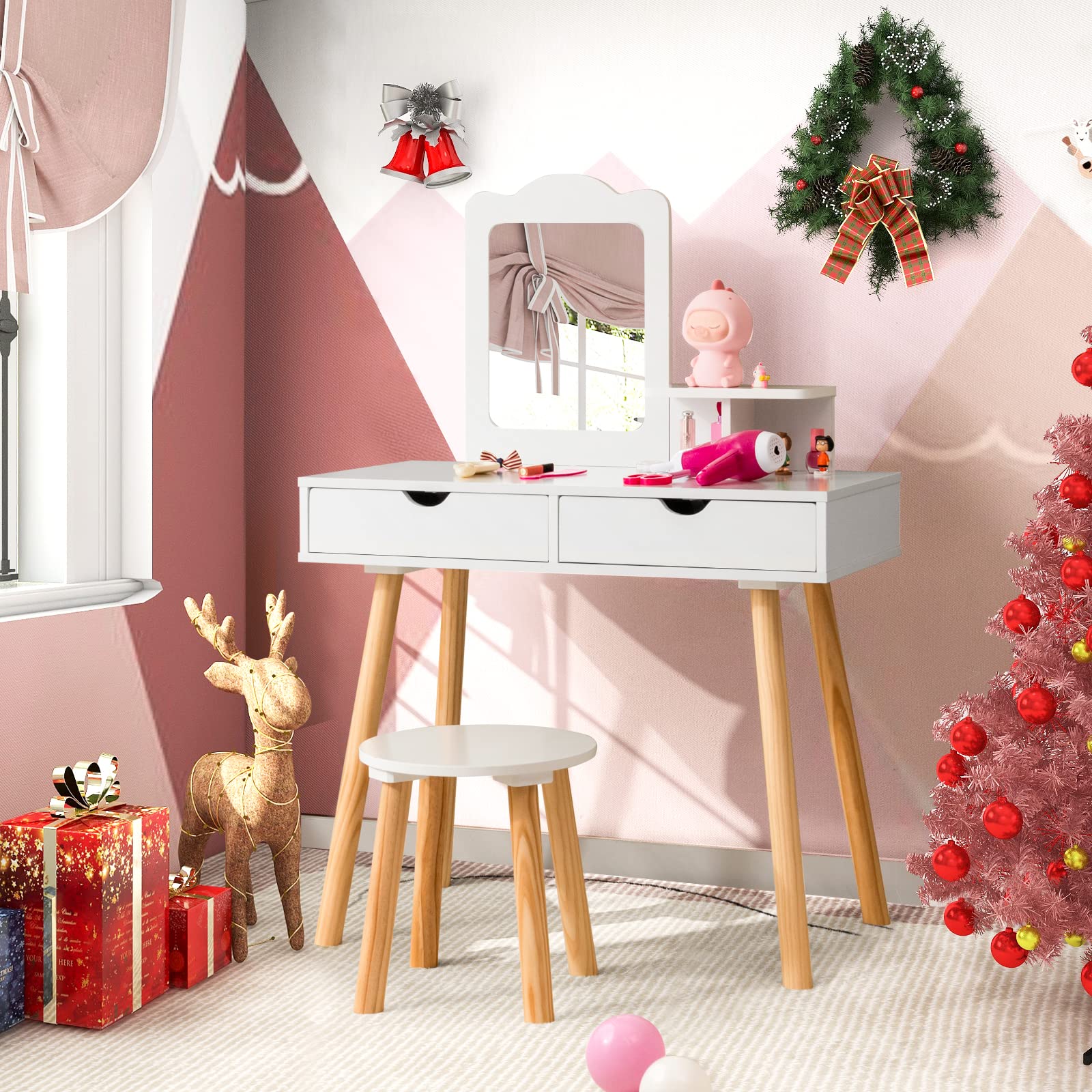 Girls Vanity Set with Mirror and Stool, 2 Large Drawers, Storage Shelf