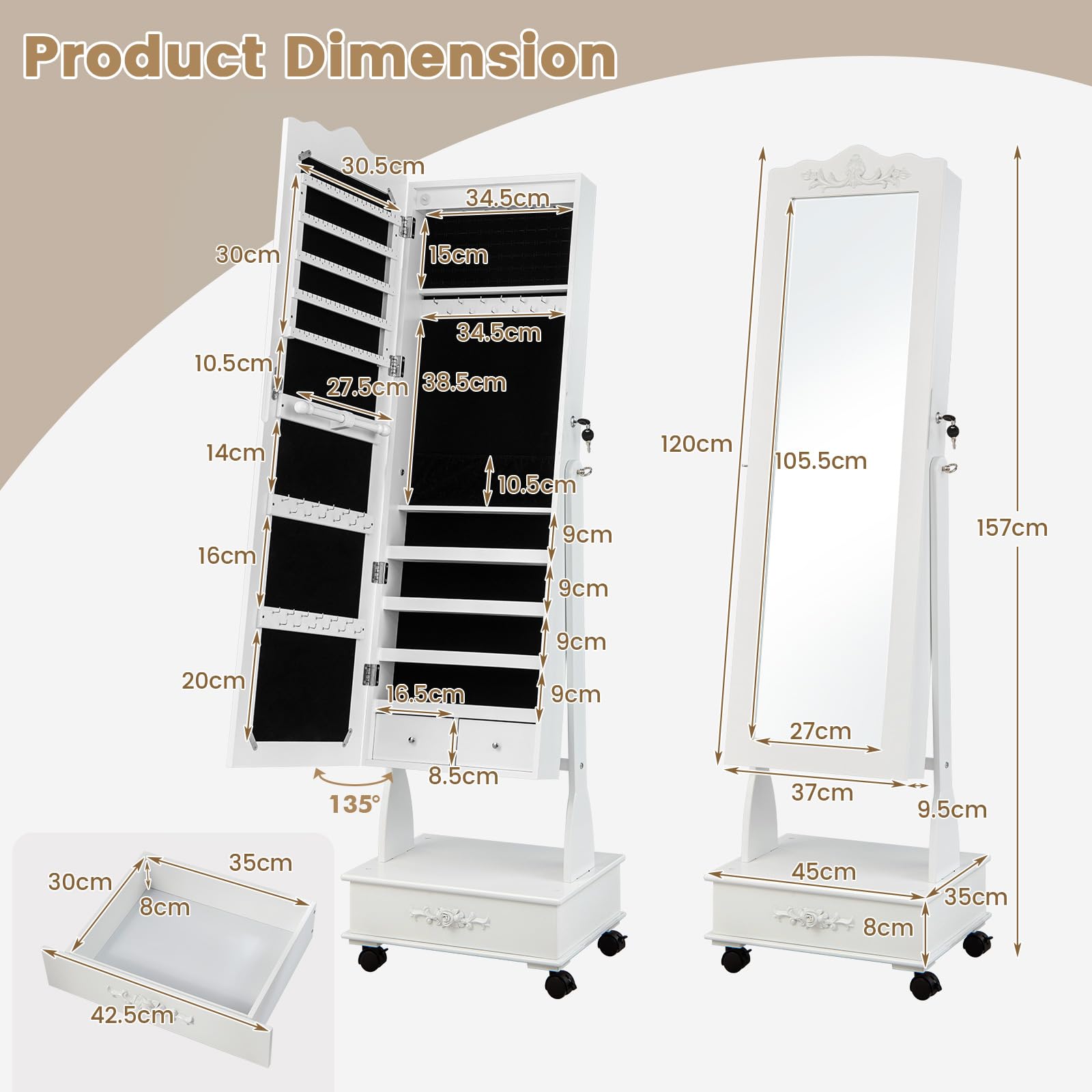 Giantex Jewelry Armoire with Full Length Mirror, Standing Lockable Jewelry Cabinet with Built-in LED Lights