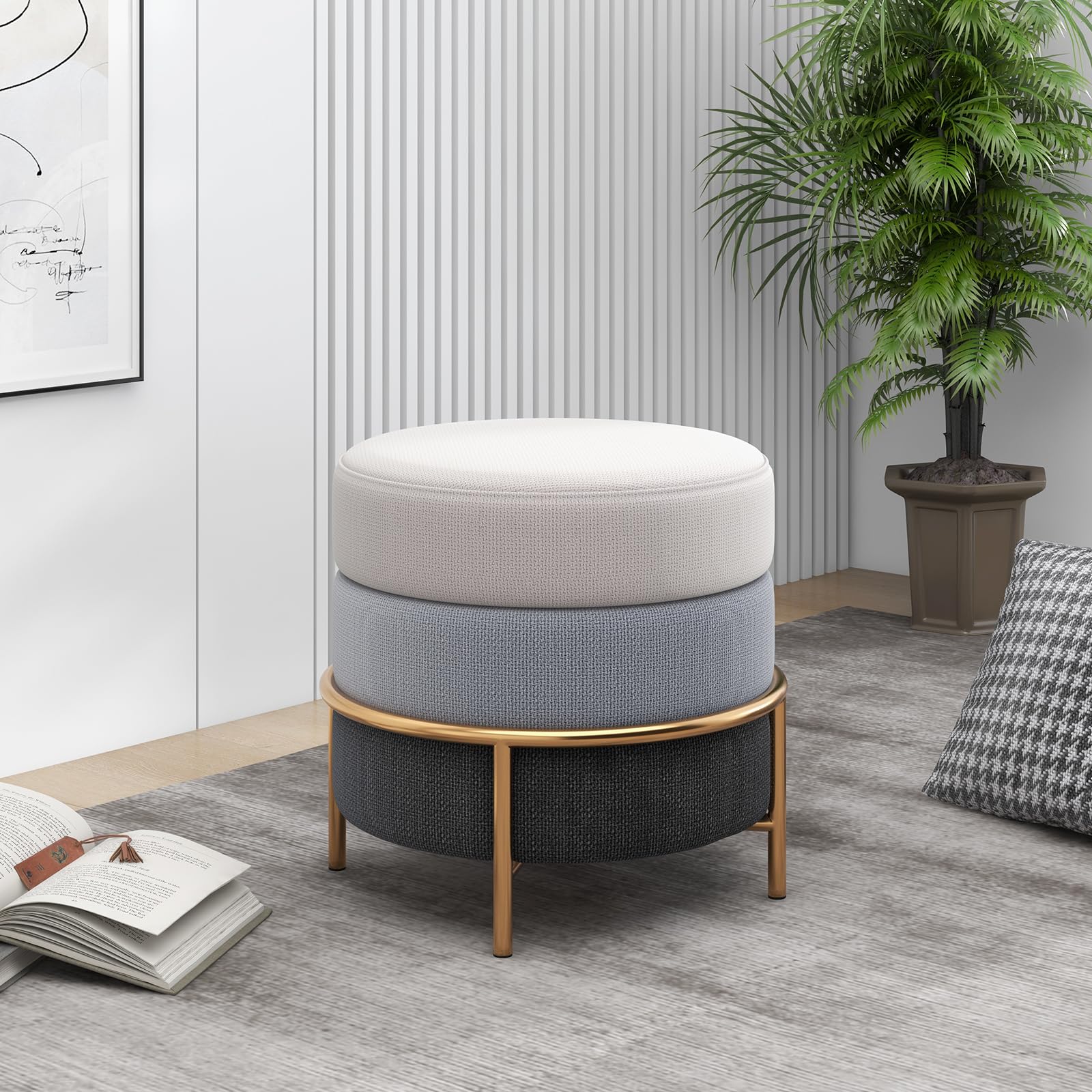 Giantex Upholstered Linen Fabric Ottoman, Multifunctional Round Vanity Stool with Gold Metal Legs & Anti-Slip Foot Pads