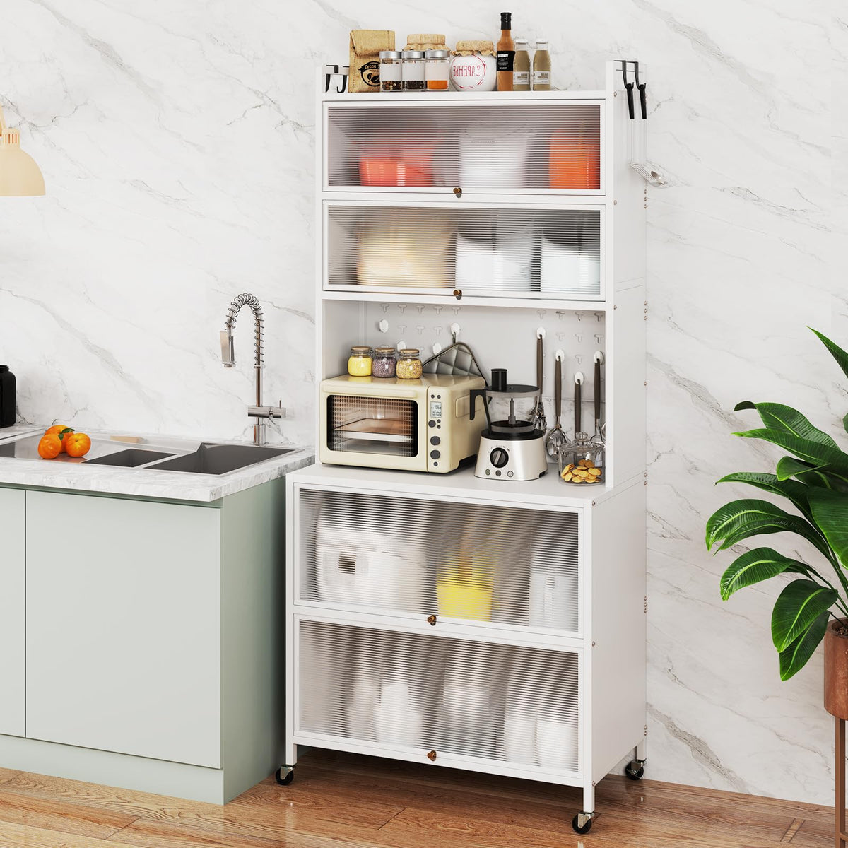 6-Tier Kitchen Pantry Cabinet, Buffet Cabinet with Hutch, Flip Doors, Microwave Countertop