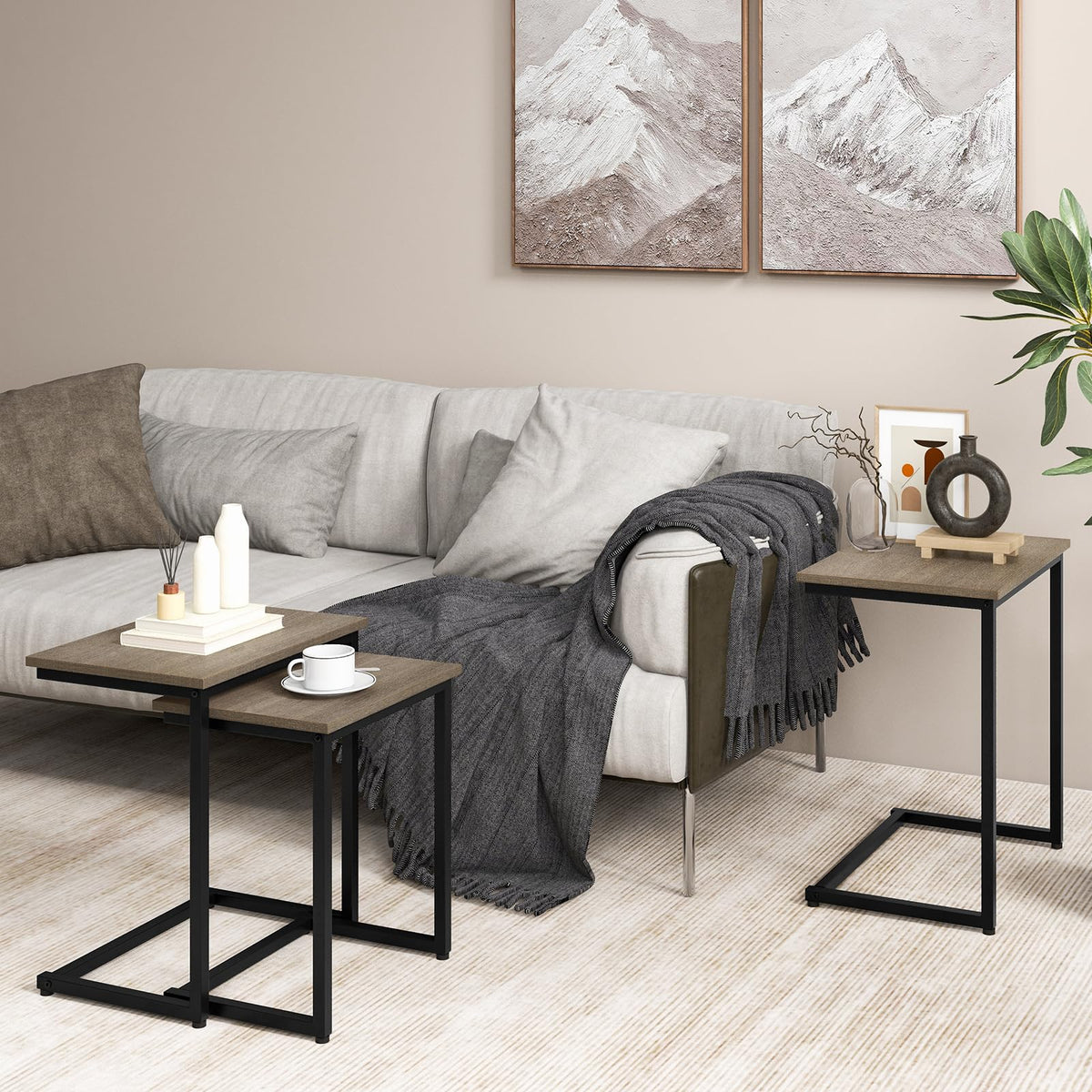 Giantex Nesting End Table Set of 3, Rectangle Stacking Side Table with Wooden Top & Sturdy Metal Legs