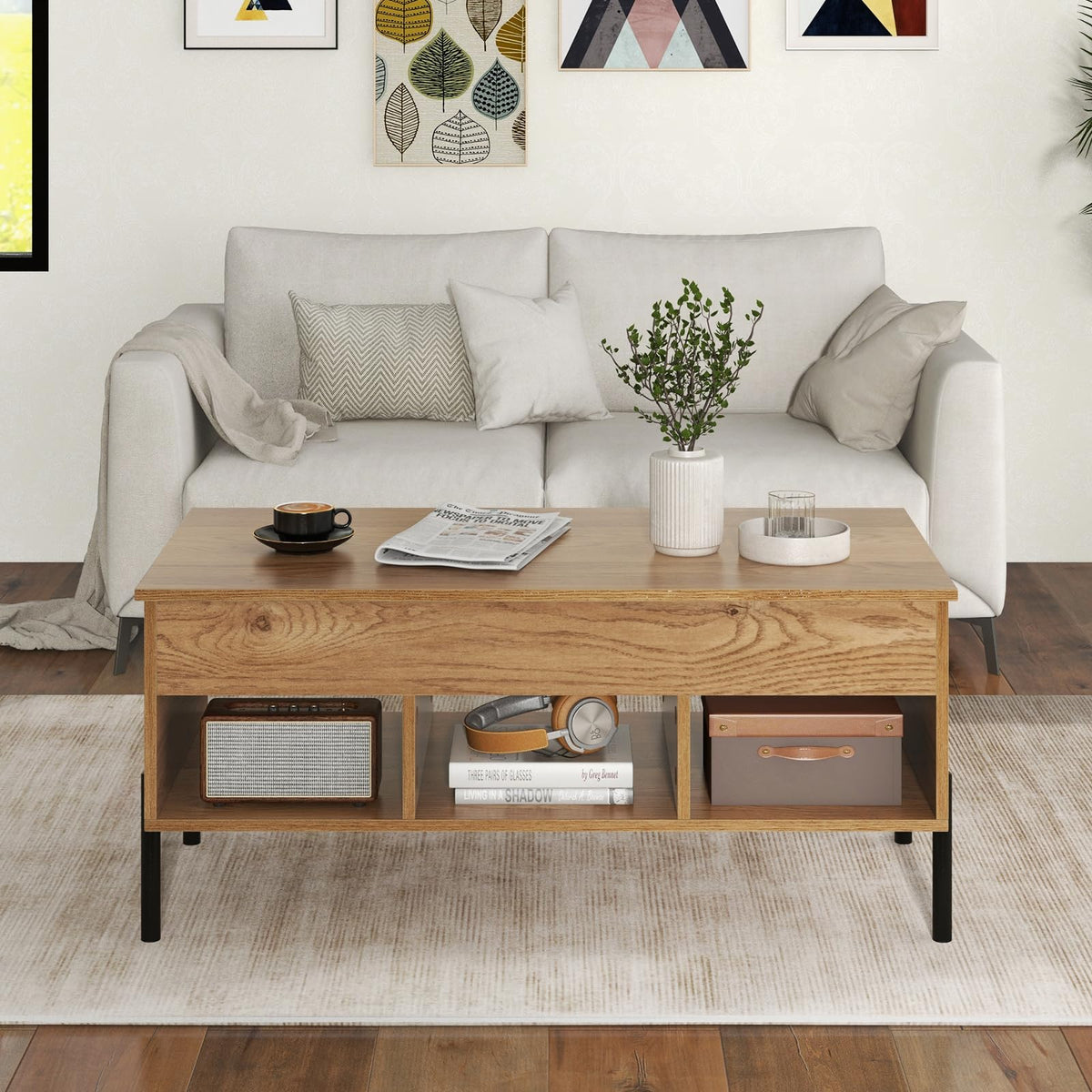 Lift Top Coffee Table, Coffee Station Table with Hidden Compartment, Rising Tabletop, 3 Open Cubbies
