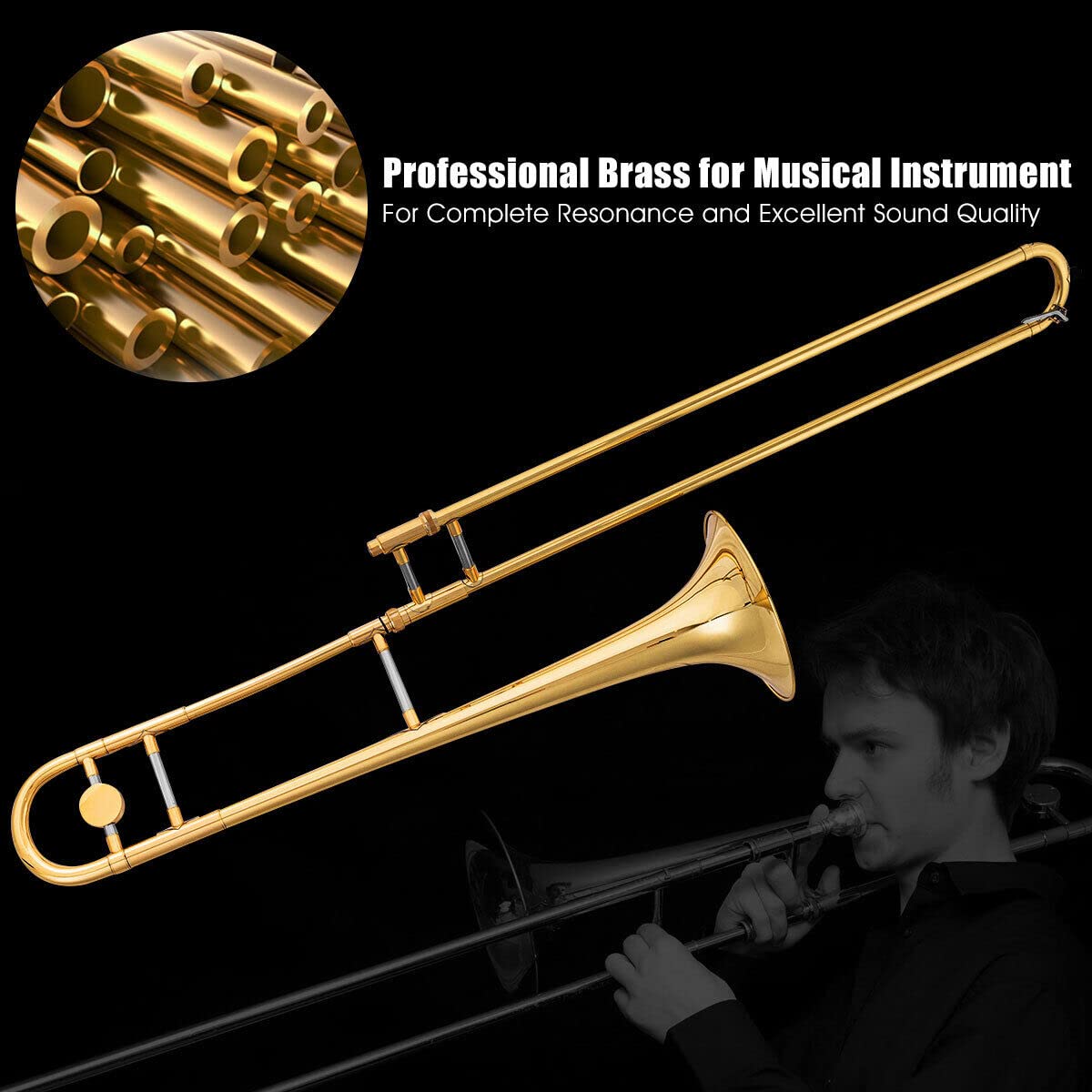B Flat Tenor Slide Trombone Brass, B Flat Wind Instrument for Kids Adults with Case