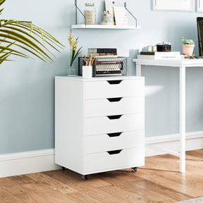 5 Drawer Chest, Rolling Dresser Storage Cabinet with Lockable Wheels, Under Desk Filing Cabinet, Wood Printer Stand for Home Office