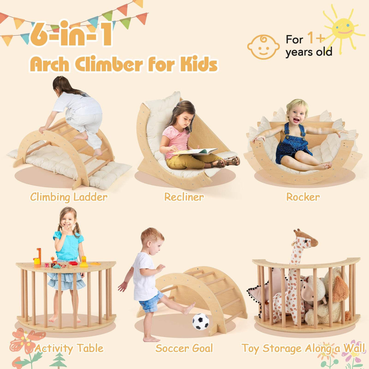 6 in 1 Climbing Arch for Toddlers, Wooden Kids Rocker Arch Climbing Toy with Removable Cushion