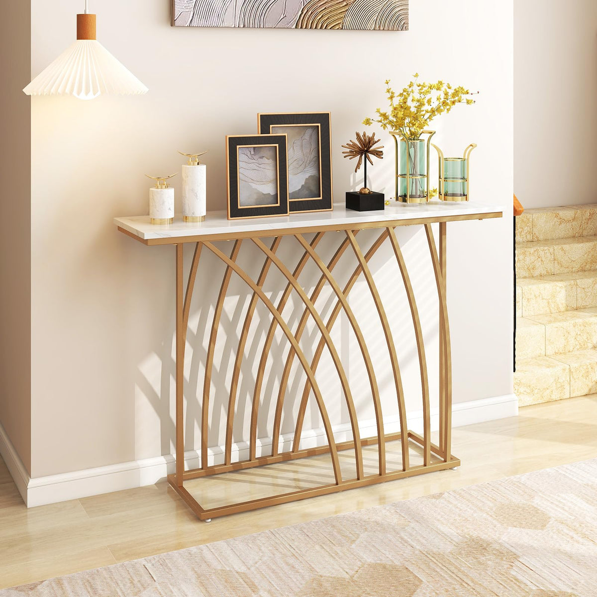 Giantex 120cm Gold Console Table, Modern Entryway Table with White Faux Marble Tabletop