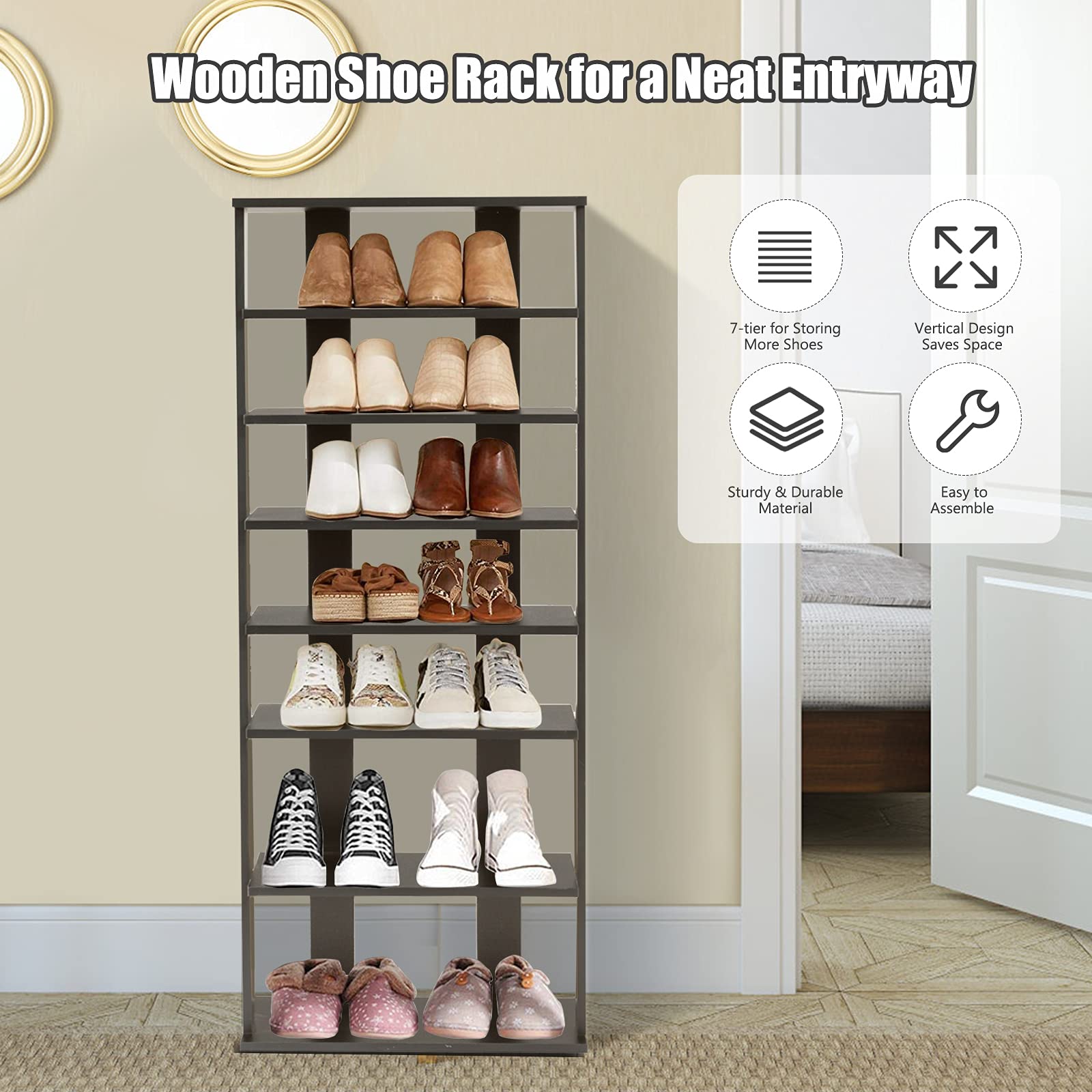 Giantex 7-Tier Wooden Shoe Rack, Shoe Storage Tower Multiple Layers, Detachable Board