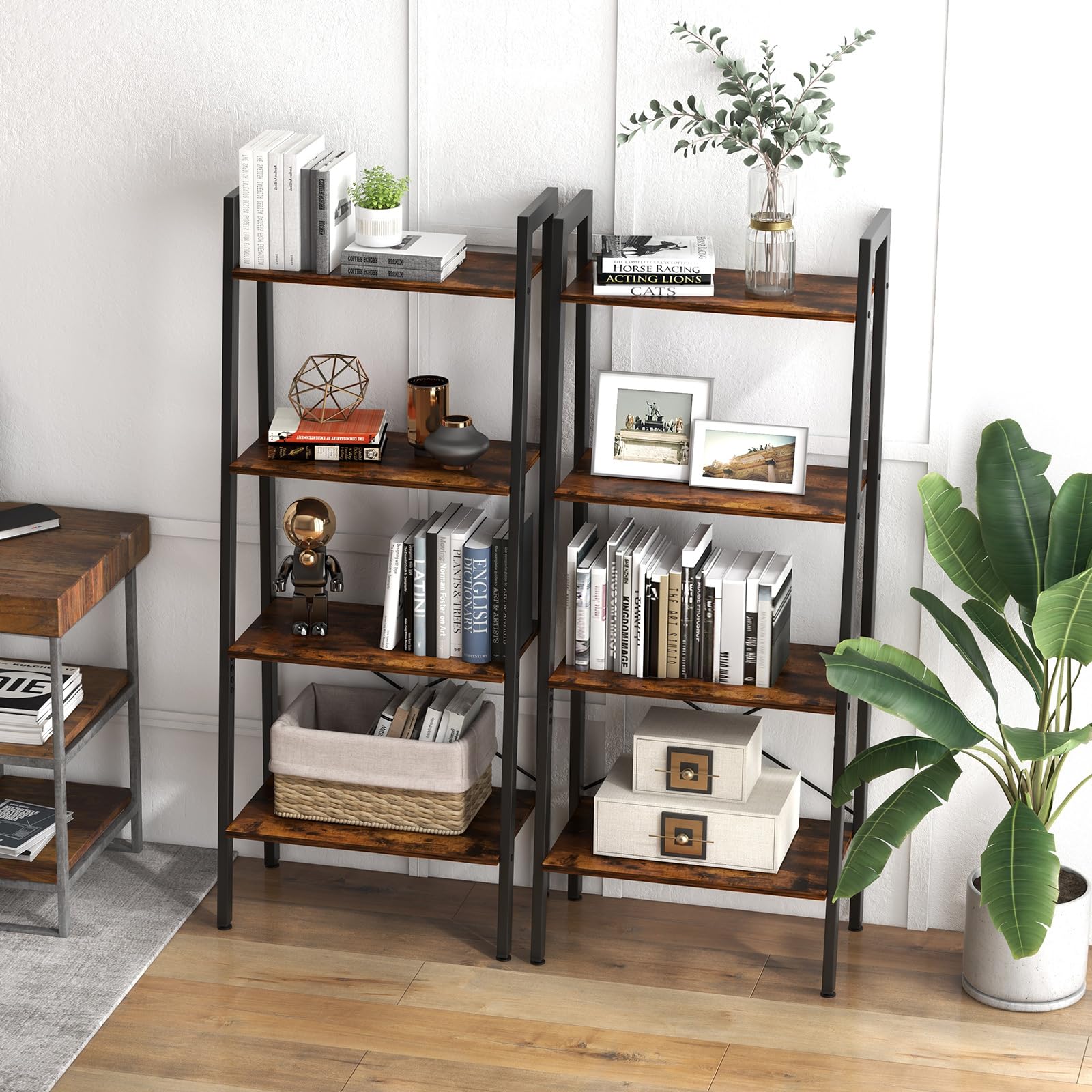 Giantex 4-Tier Bookshelf, Industrial Display Shelf with Metal Frame, Anti-Tipping Kits & Adjustable Foot Pads
