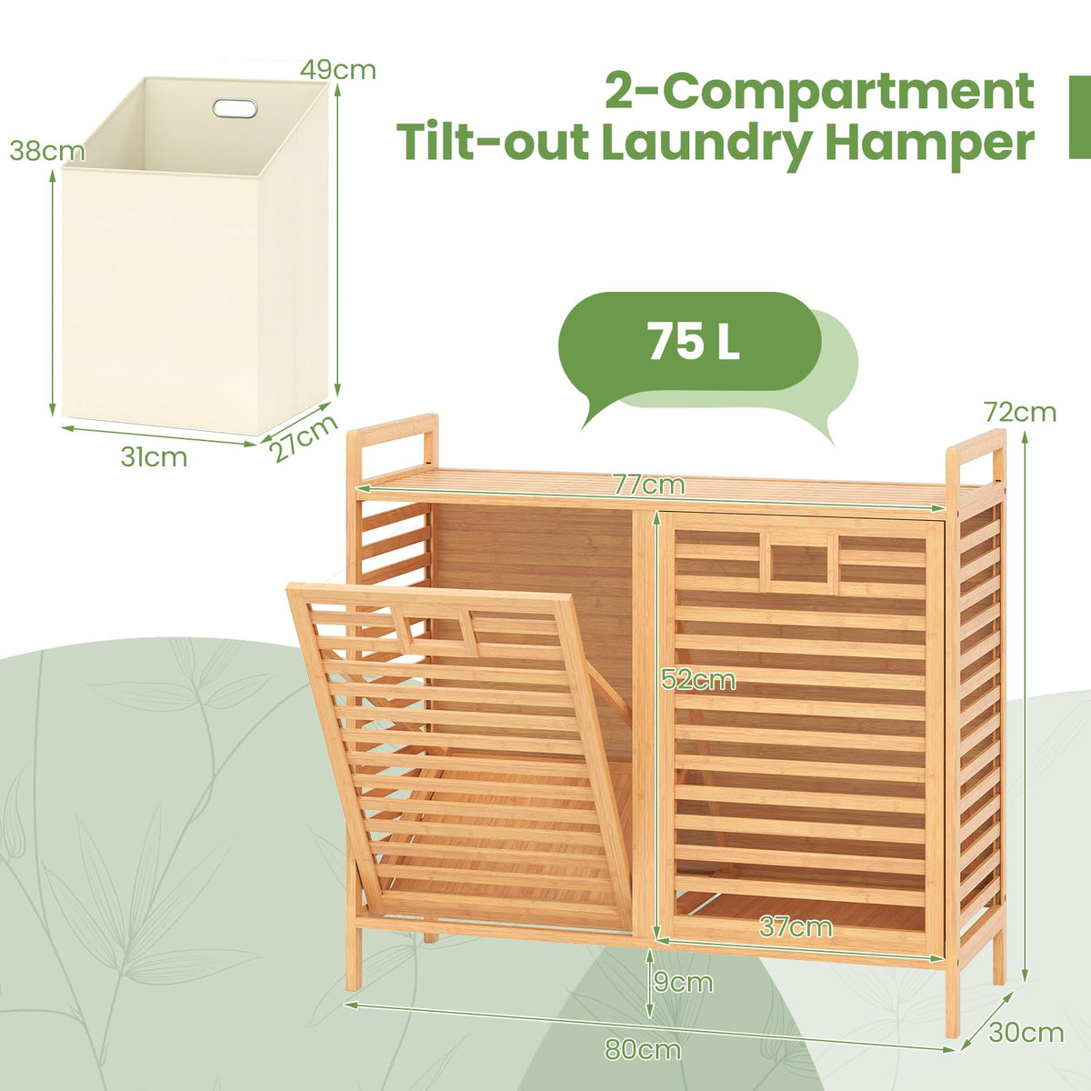 Tilt-out Laundry Hamper, Dual Laundry Basket Organizer with Top Shelf, 2 Pull-out Removable Bags, Side Handles