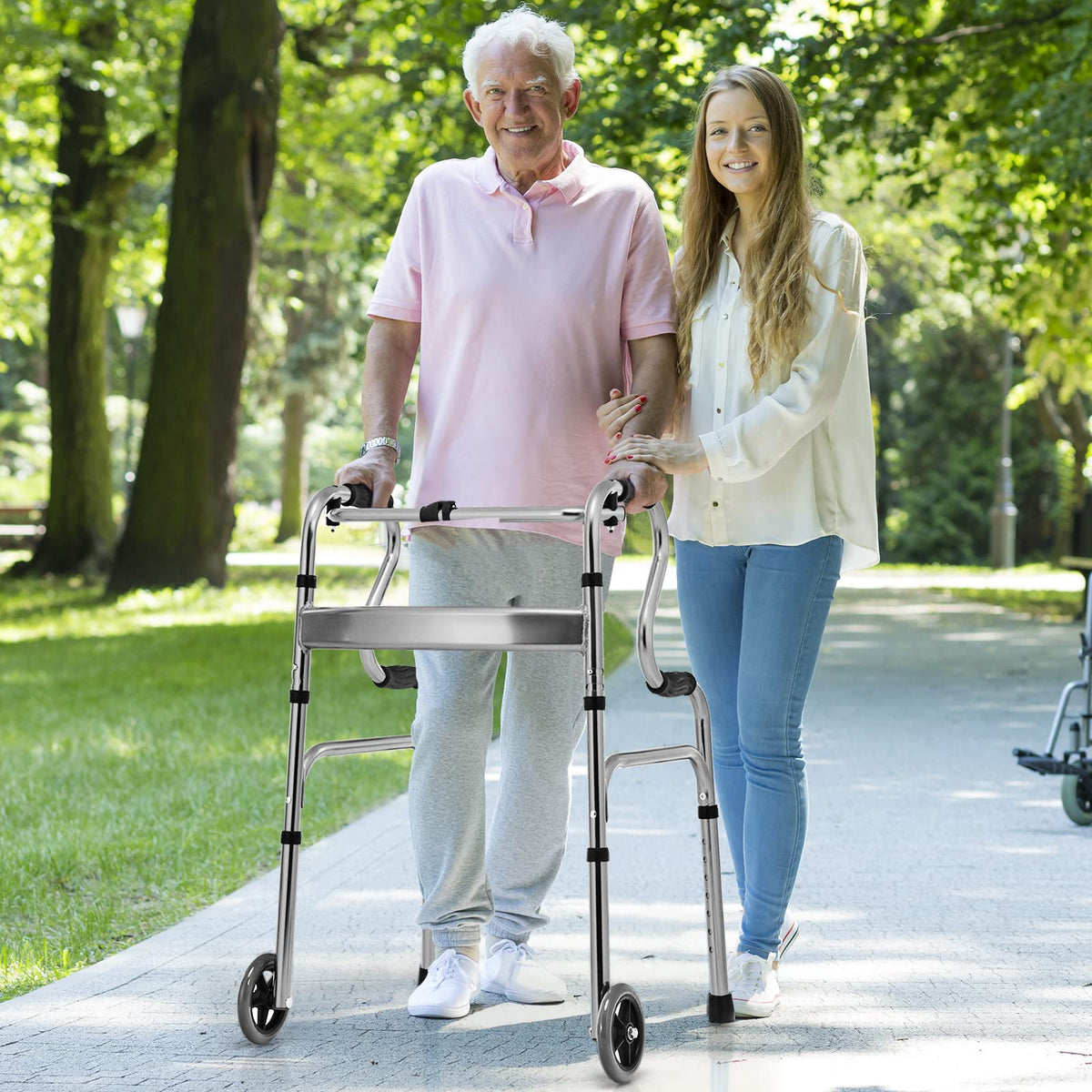 200KG Weight Capacity Aluminum Alloy Adult Walker w/ Unidirectional Wheels & Bi-Level Armrests