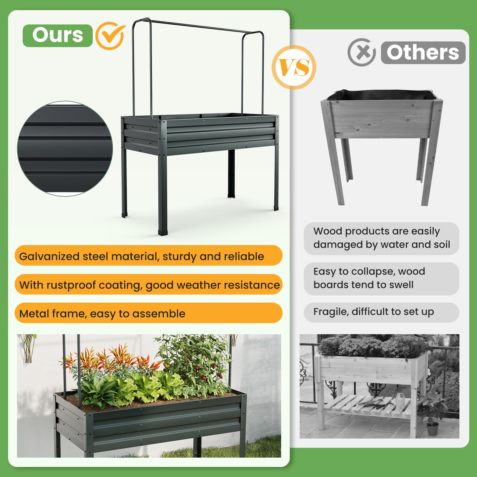 3-in-1 Raised Garden Bed w/Greenhouse Cover & Trellis, Galvanized Metal Elevated Planter Box w/Legs