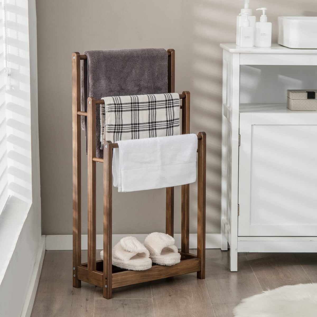 Freestanding Wood Towel Rack, 3-Tier Towel Rack Holder with Bottom Storage Shelf, Anti-toppling Device