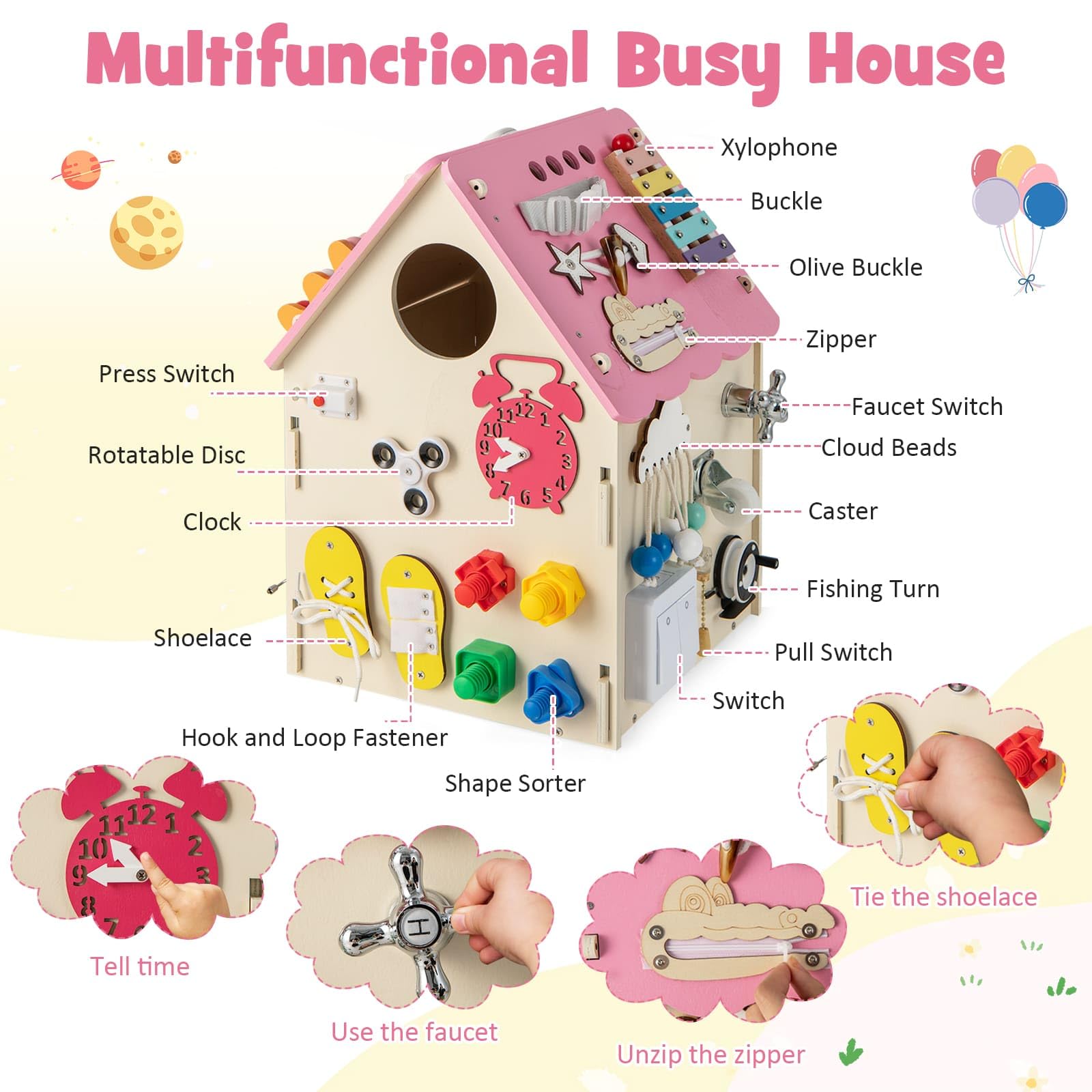 Kids Wooden Busy House Toy, Montessori Play House w/Sensory Games & Interior Storage Space