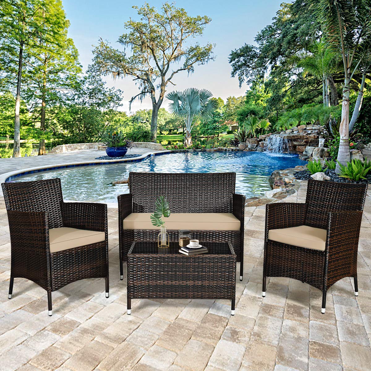 4PCS Outdoor Furniture Setting Garden Patio Wicker Dining Lounge Set Table Chair