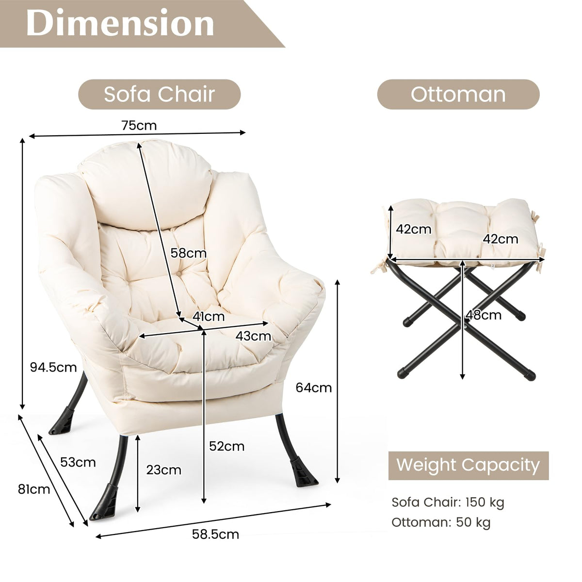 Lazy Chair with Ottoman, Modern Large Accent Chair with Folding Footrest, Head Pillow