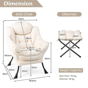 Lazy Chair with Ottoman, Modern Large Accent Chair with Folding Footrest, Head Pillow