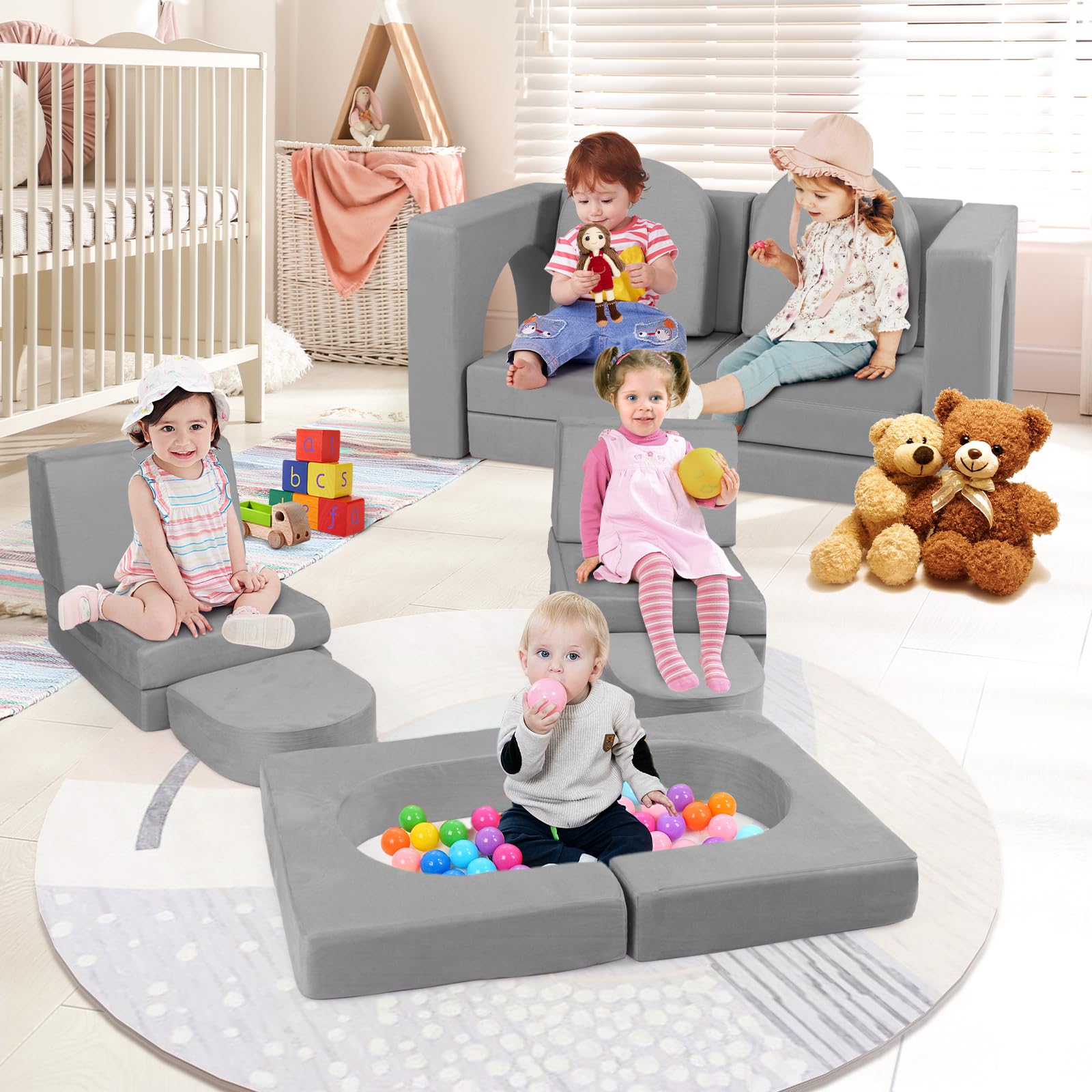 8-Piece Modular Kids Sofa Play Couch Climb Playset with Covers