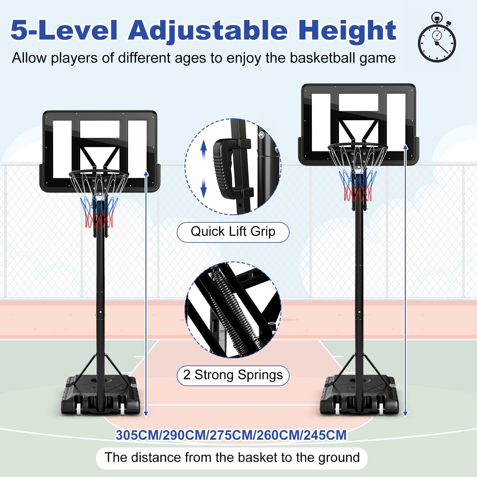 Basketball Hoop Stand 8-10FT/2.45-3.05m（Floor to Ring）Height Adjustable Basketball Hoop System w/ 44" Backboard