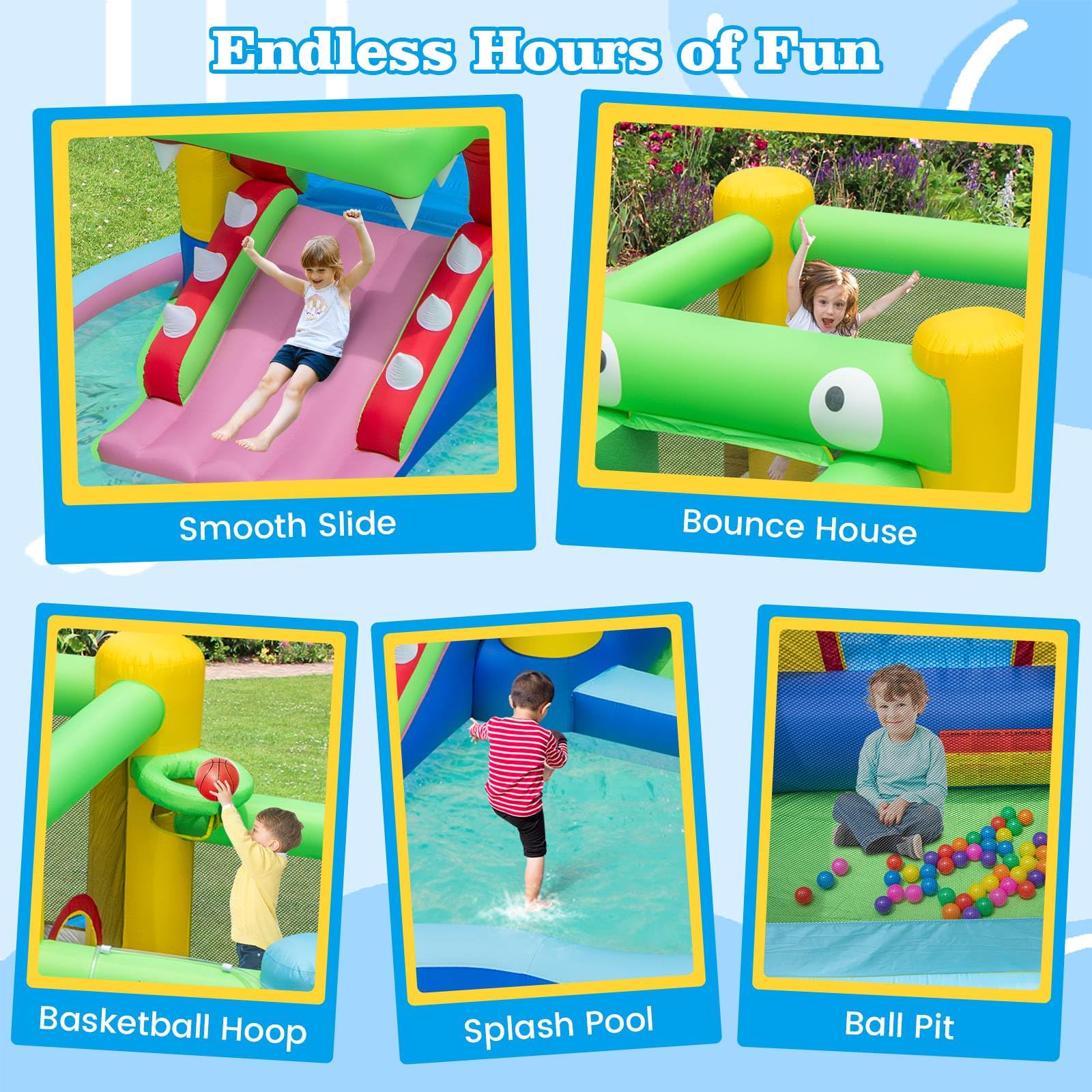 5-in-1 Inflatable Bounce House with Slide and Ocean Balls with 680W Blower