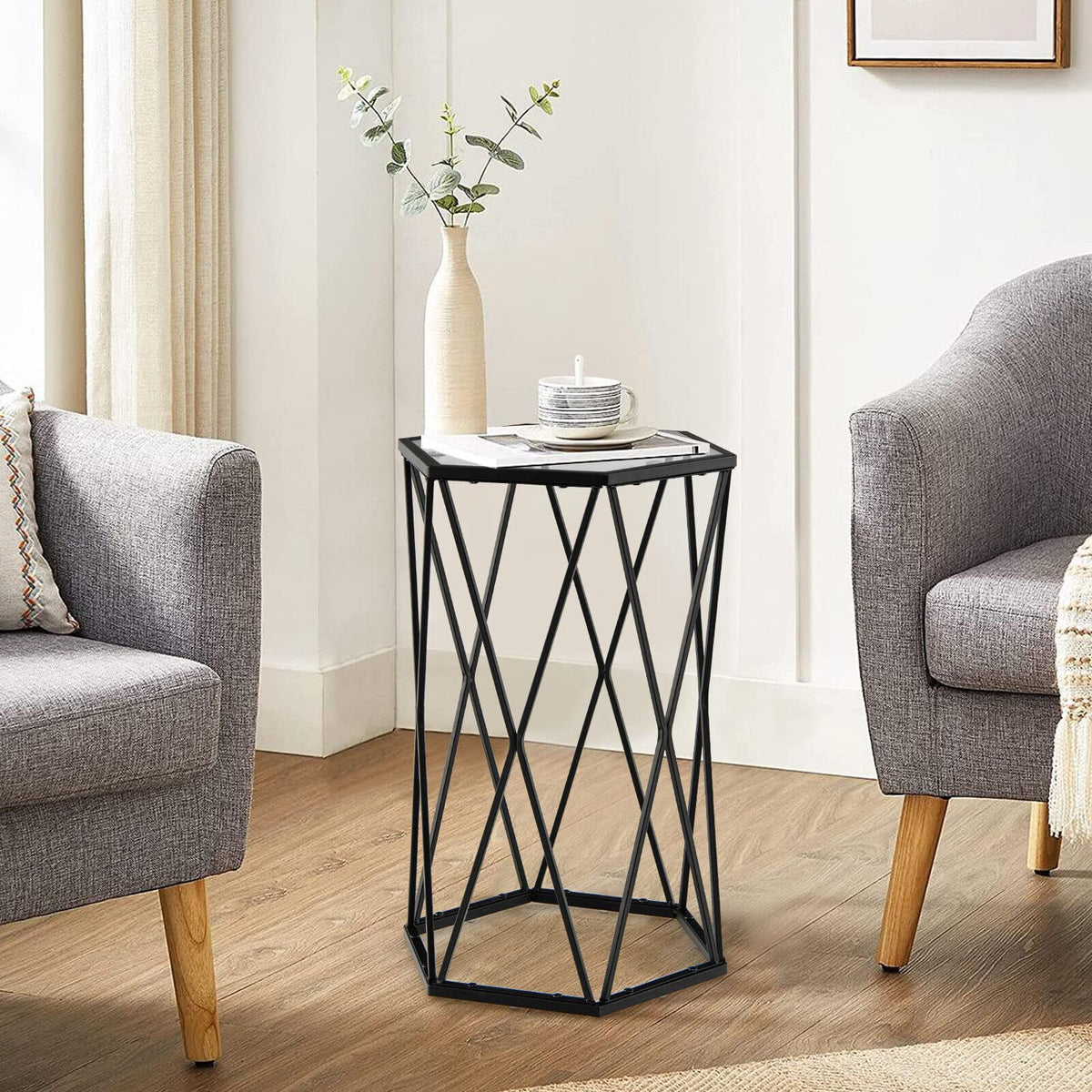 Giantex Compact Coffee Table, Hexagonal Side Table w/Tempered Glass Top & Metal Frame